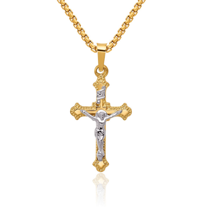 14K Solid Two Tone Gold Inri Lord Jesus Christ Crucifix Holy Cross Necklace Religious Chain Pendant Charm