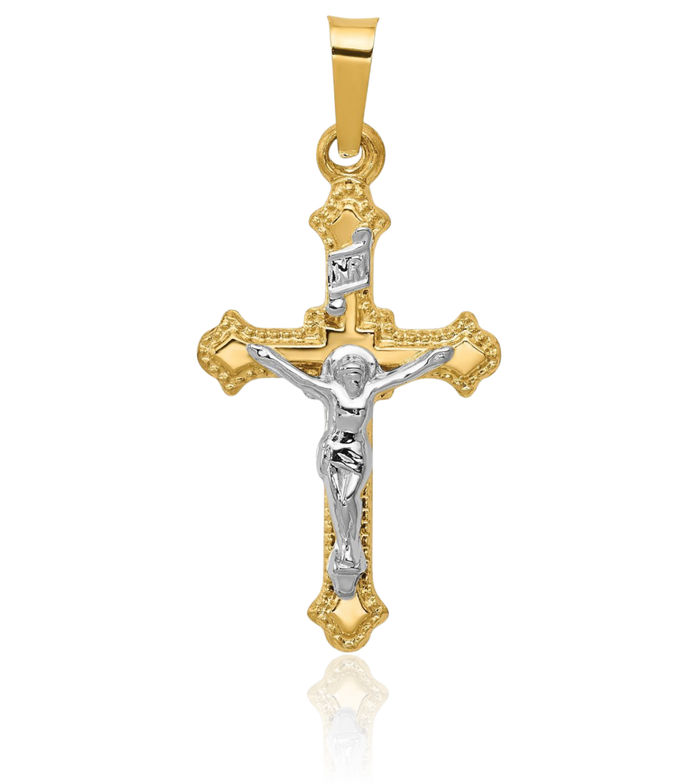 14K Solid Two Tone Gold Inri Lord Jesus Christ Crucifix Holy Cross Necklace Religious Chain Pendant Charm