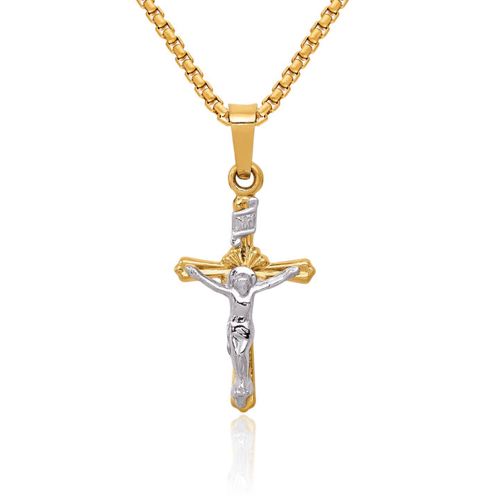 14K Solid Two Tone Gold Inri Lord Jesus Christ Crucifix Holy Cross Necklace Religious Chain Pendant Charm