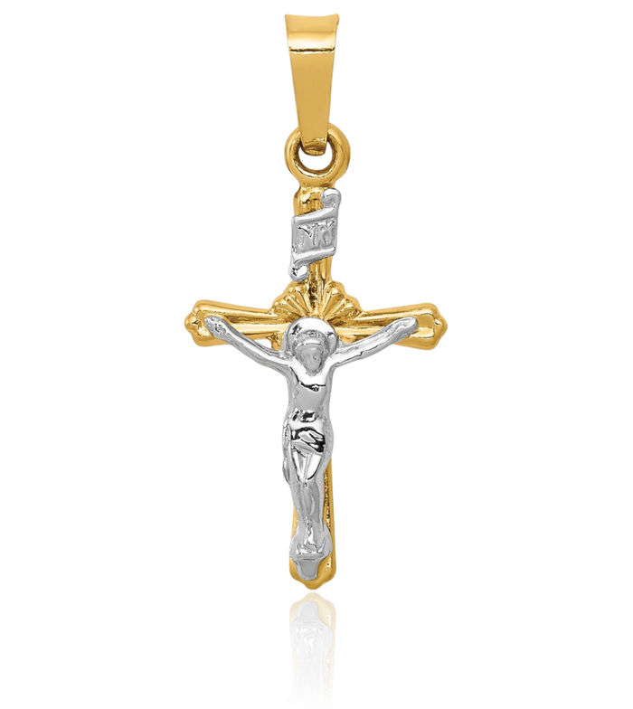 14K Solid Two Tone Gold Inri Lord Jesus Christ Crucifix Holy Cross Necklace Religious Chain Pendant Charm