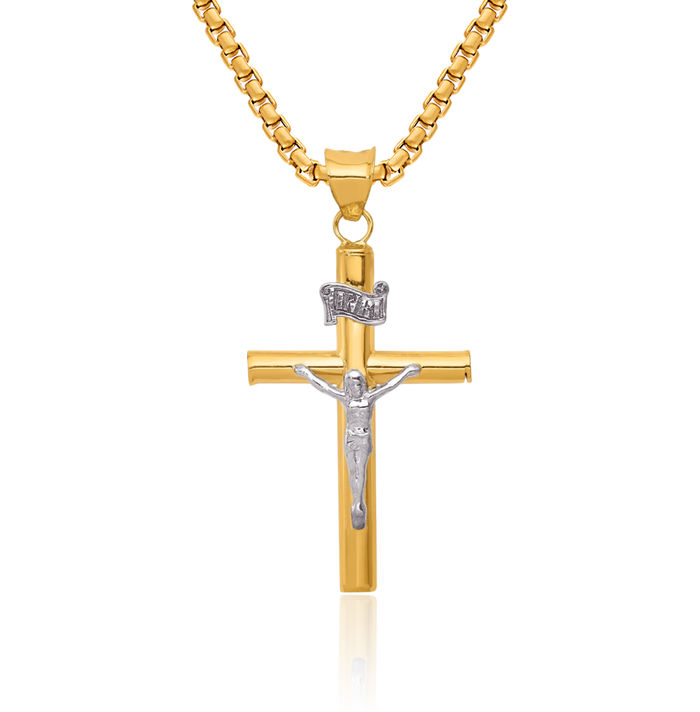 14K Solid Two Tone Gold Inri Lord Jesus Christ Crucifix Holy Cross Necklace Religious Chain Pendant Charm