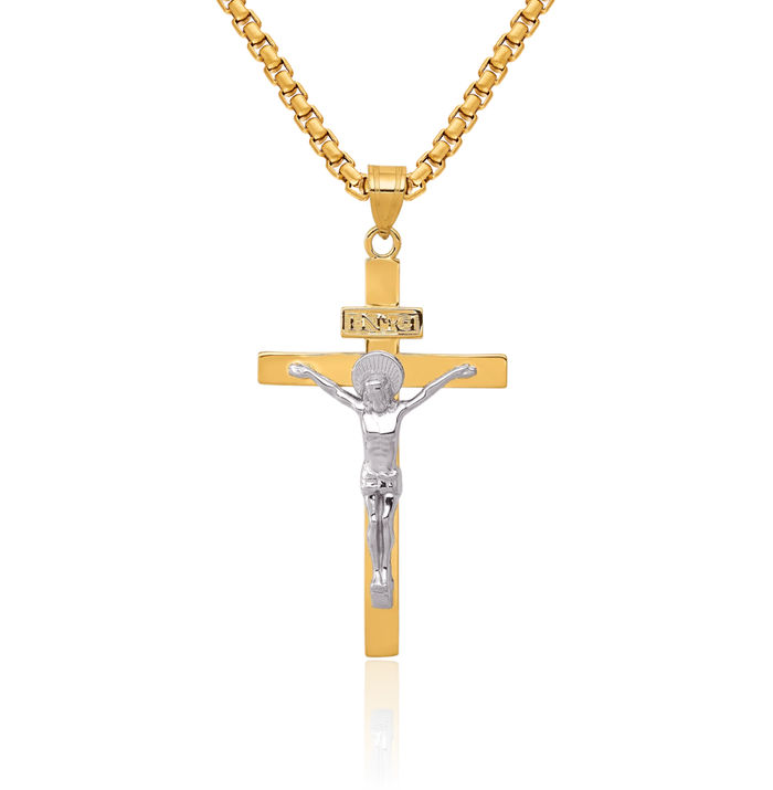 14K Solid Two Tone Gold Inri Lord Jesus Christ Crucifix Holy Cross Necklace Religious Chain Pendant Charm