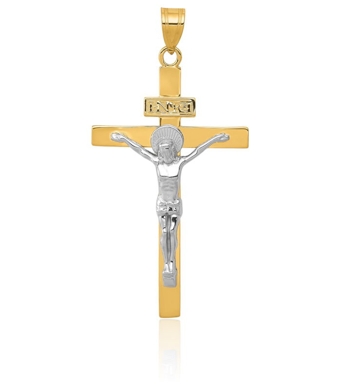 14K Solid Two Tone Gold Inri Lord Jesus Christ Crucifix Holy Cross Necklace Religious Chain Pendant Charm