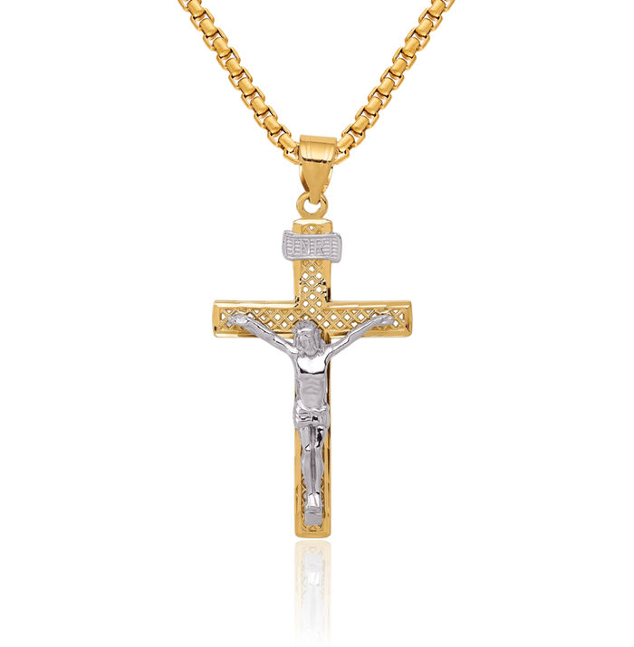 14K Solid Two Tone Gold Inri Lord Jesus Christ Crucifix Holy Cross Necklace Religious Chain Pendant Charm