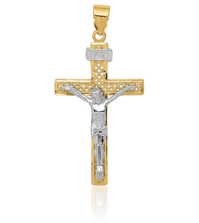 14K Solid Two Tone Gold Inri Lord Jesus Christ Crucifix Holy Cross Necklace Religious Chain Pendant Charm