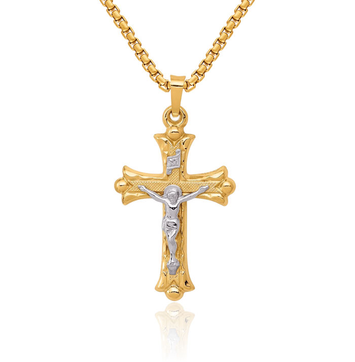 14K Solid Two Tone Gold Inri Lord Jesus Christ Crucifix Holy Cross Necklace Religious Chain Pendant Charm