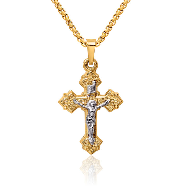 14K Solid Two Tone Gold Inri Lord Jesus Christ Crucifix Holy Cross Necklace Religious Chain Pendant Charm