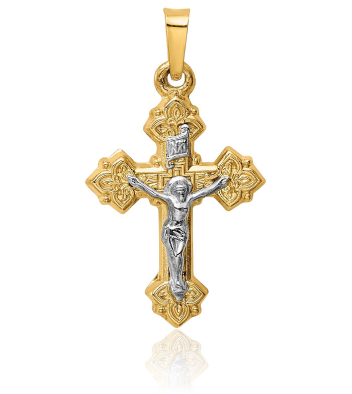 14K Solid Two Tone Gold Inri Lord Jesus Christ Crucifix Holy Cross Necklace Religious Chain Pendant Charm