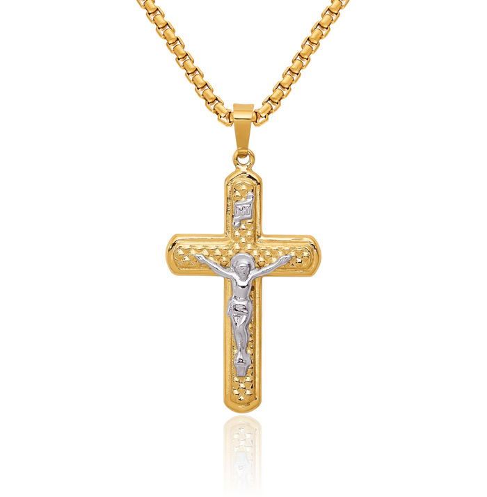 14K Solid Two Tone Gold Inri Lord Jesus Christ Crucifix Holy Cross Necklace Religious Chain Pendant Charm