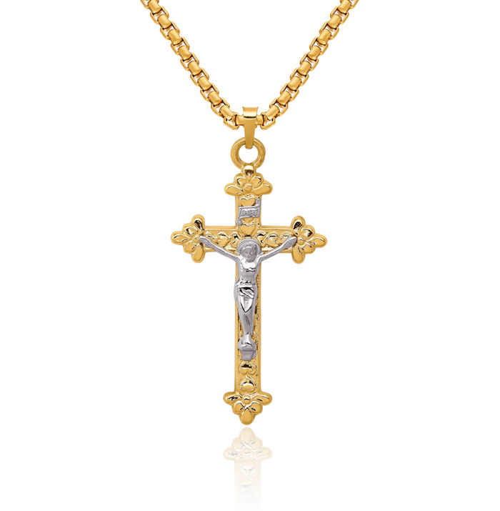 14K Solid Two Tone Gold Inri Lord Jesus Christ Crucifix Holy Cross Necklace Religious Chain Pendant Charm