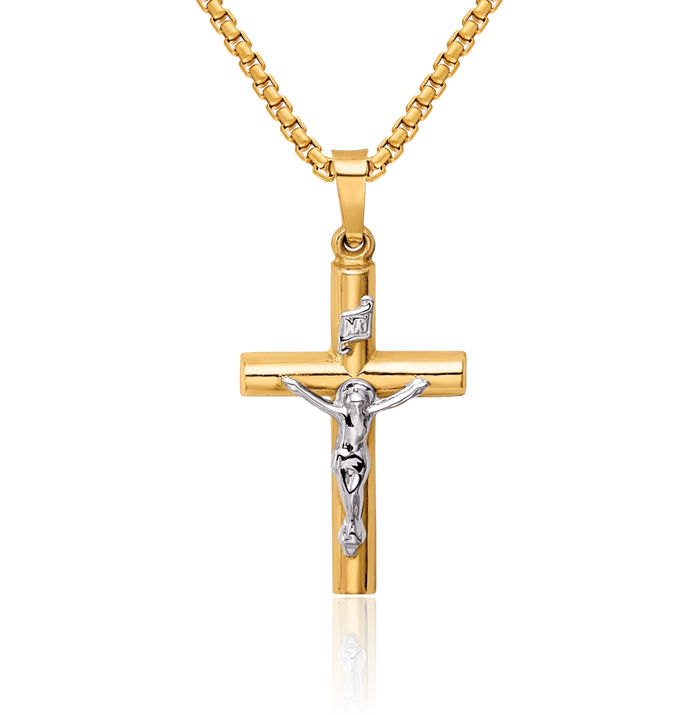 14K Solid Two Tone Gold Inri Lord Jesus Christ Crucifix Holy Cross Necklace Religious Chain Pendant Charm