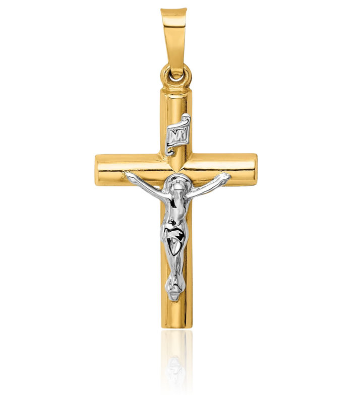 14K Solid Two Tone Gold Inri Lord Jesus Christ Crucifix Holy Cross Necklace Religious Chain Pendant Charm