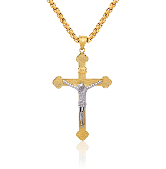 14K Solid Two Tone Gold Inri Lord Jesus Christ Crucifix Holy Cross Necklace Religious Chain Pendant Charm