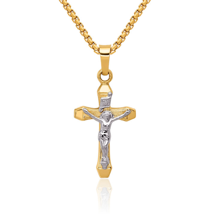 14K Solid Two Tone Gold Inri Lord Jesus Christ Crucifix Holy Cross Necklace Religious Chain Pendant Charm