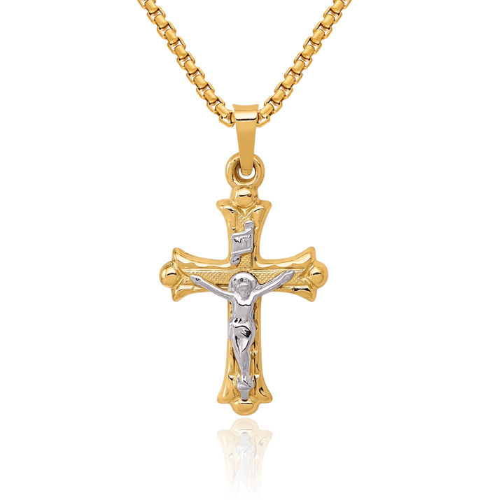 14K Solid Two Tone Gold Inri Lord Jesus Christ Crucifix Holy Cross Necklace Religious Chain Pendant Charm