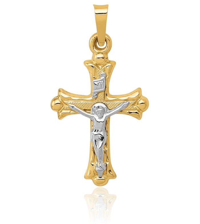 14K Solid Two Tone Gold Inri Lord Jesus Christ Crucifix Holy Cross Necklace Religious Chain Pendant Charm