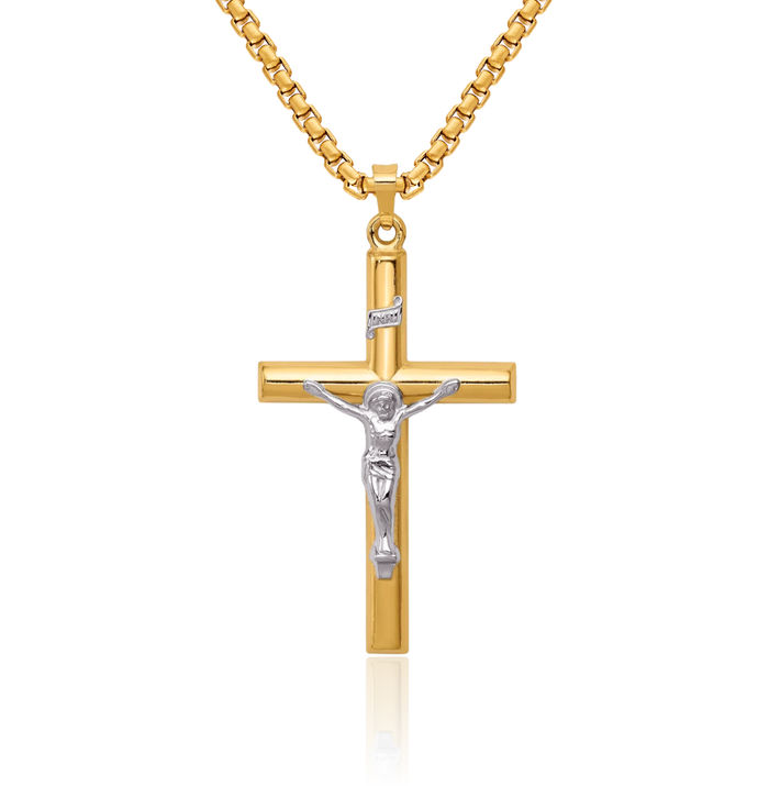 14K Solid Two Tone Gold Inri Lord Jesus Christ Crucifix Holy Cross Necklace Religious Chain Pendant Charm