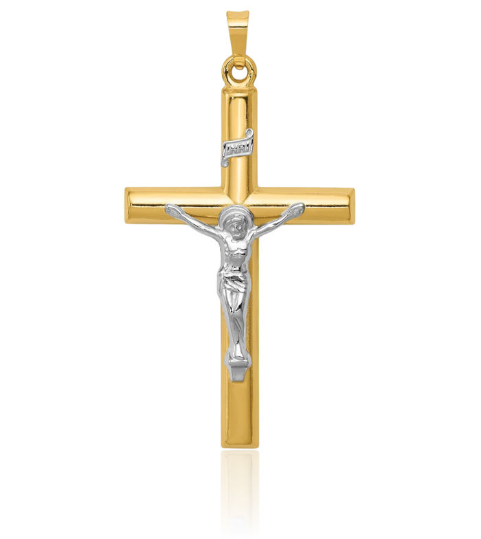 14K Solid Two Tone Gold Inri Lord Jesus Christ Crucifix Holy Cross Necklace Religious Chain Pendant Charm