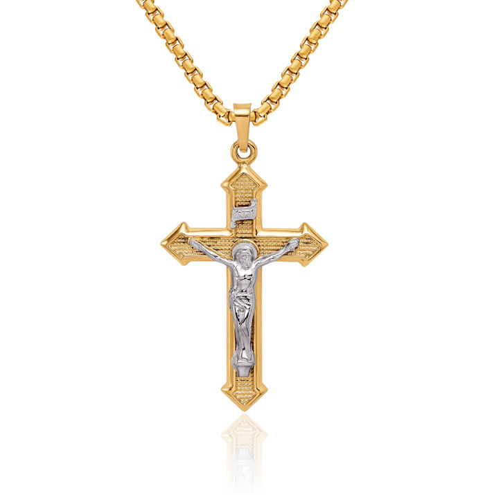 14K Solid Two Tone Gold Inri Lord Jesus Christ Crucifix Holy Cross Necklace Religious Chain Pendant Charm