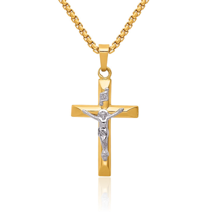 14K Solid Two Tone Gold Inri Lord Jesus Christ Crucifix Holy Cross Necklace Religious Chain Pendant Charm