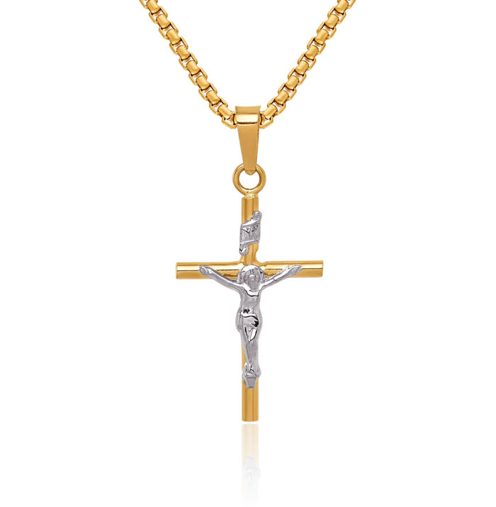 14K Solid Two Tone Gold Inri Lord Jesus Christ Crucifix Holy Cross Necklace Religious Chain Pendant Charm