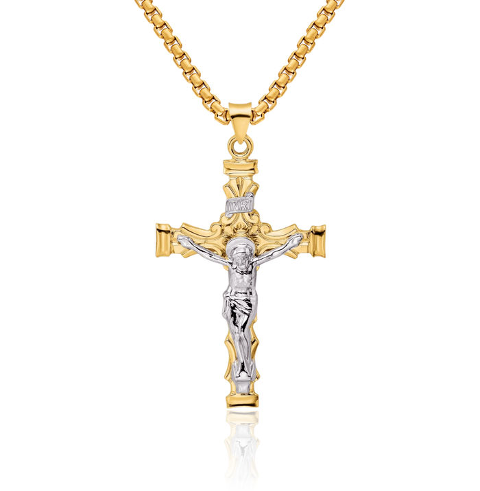 14K Solid Two Tone Gold Inri Lord Jesus Christ Crucifix Holy Cross Necklace Religious Chain Pendant Charm