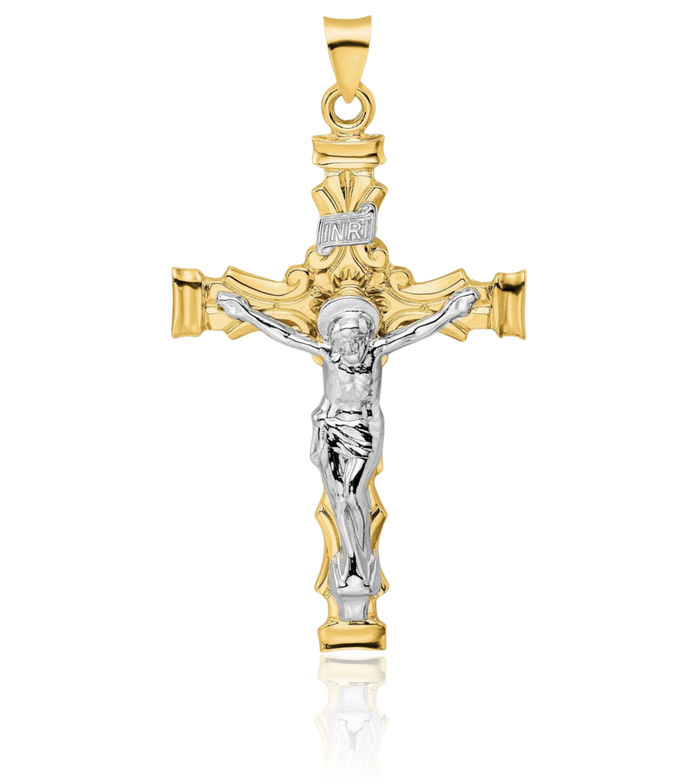 14K Solid Two Tone Gold Inri Lord Jesus Christ Crucifix Holy Cross Necklace Religious Chain Pendant Charm