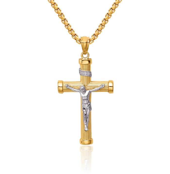 14K Solid Two Tone Gold Inri Lord Jesus Christ Crucifix Holy Cross Necklace Religious Chain Pendant Charm