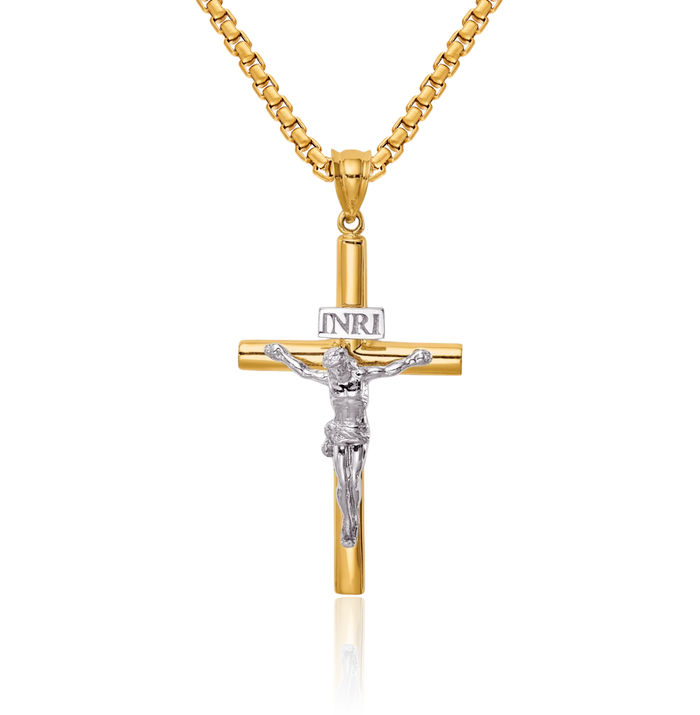 14K Solid Two Tone Gold Inri Lord Jesus Christ Crucifix Holy Cross Necklace Religious Chain Pendant Charm