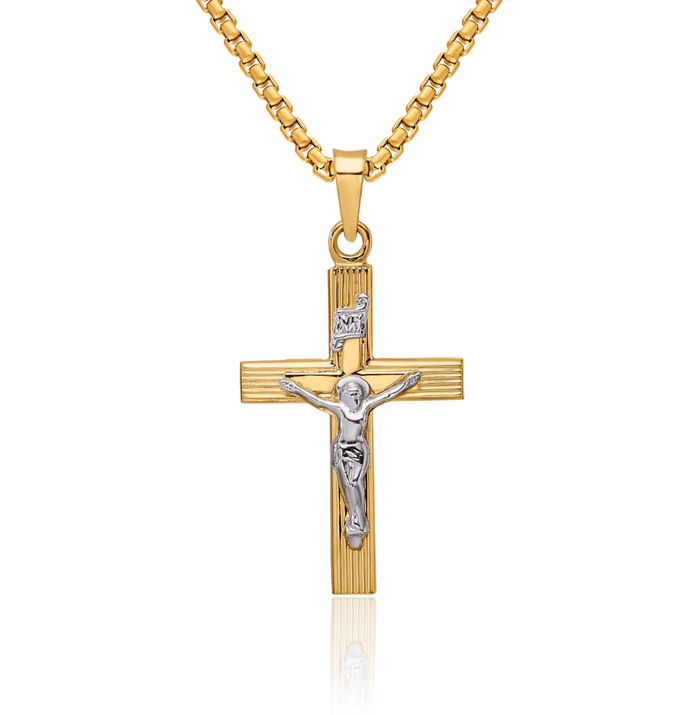 14K Solid Two Tone Gold Inri Lord Jesus Christ Crucifix Holy Cross Necklace Religious Chain Pendant Charm