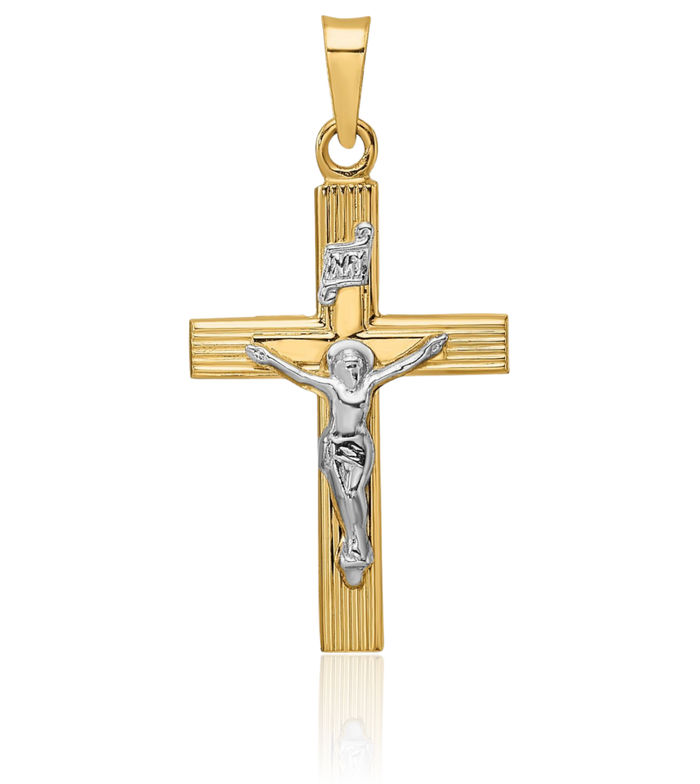 14K Solid Two Tone Gold Inri Lord Jesus Christ Crucifix Holy Cross Necklace Religious Chain Pendant Charm