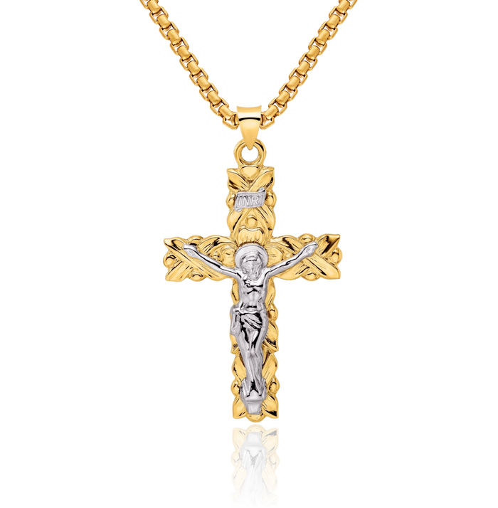 14K Solid Two Tone Gold Inri Lord Jesus Christ Crucifix Holy Cross Necklace Religious Chain Pendant Charm