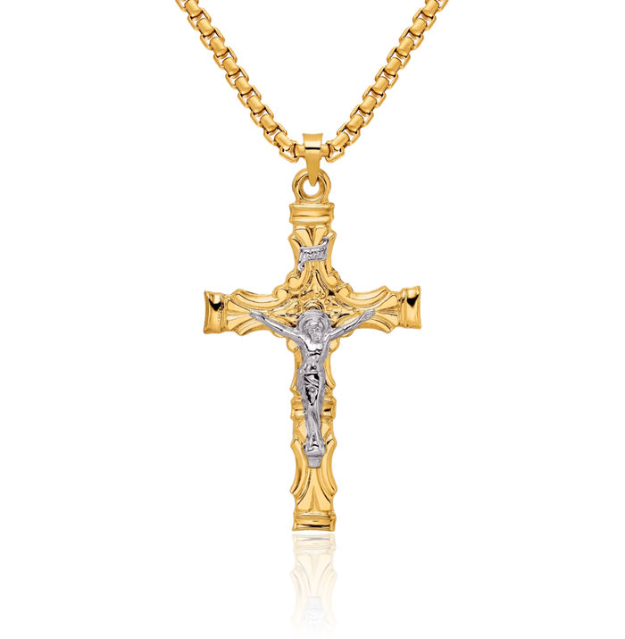 14K Solid Two Tone Gold Inri Lord Jesus Christ Crucifix Holy Cross Necklace Religious Chain Pendant Charm