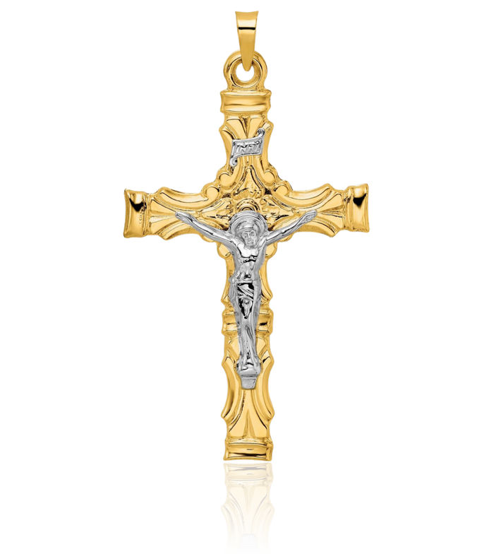 14K Solid Two Tone Gold Inri Lord Jesus Christ Crucifix Holy Cross Necklace Religious Chain Pendant Charm