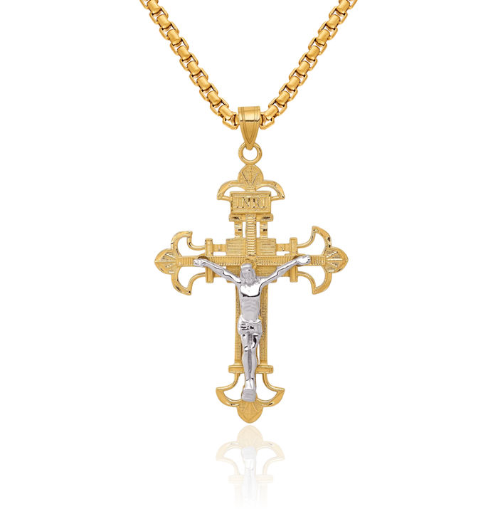 14K Solid Two Tone Gold Inri Lord Jesus Christ Crucifix Holy Cross Necklace Religious Chain Pendant Charm