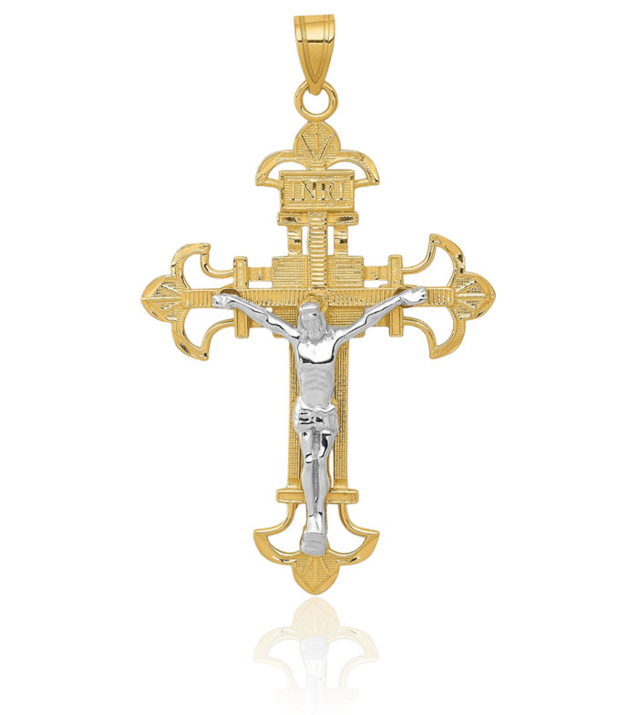 14K Solid Two Tone Gold Inri Lord Jesus Christ Crucifix Holy Cross Necklace Religious Chain Pendant Charm