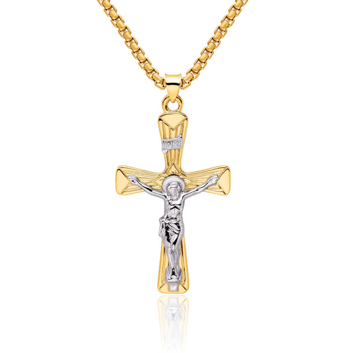 14K Solid Two Tone Gold Inri Lord Jesus Christ Crucifix Holy Cross Necklace Religious Chain Pendant Charm