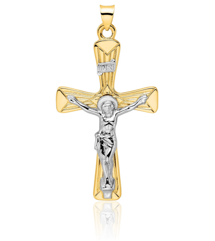 14K Solid Two Tone Gold Inri Lord Jesus Christ Crucifix Holy Cross Necklace Religious Chain Pendant Charm