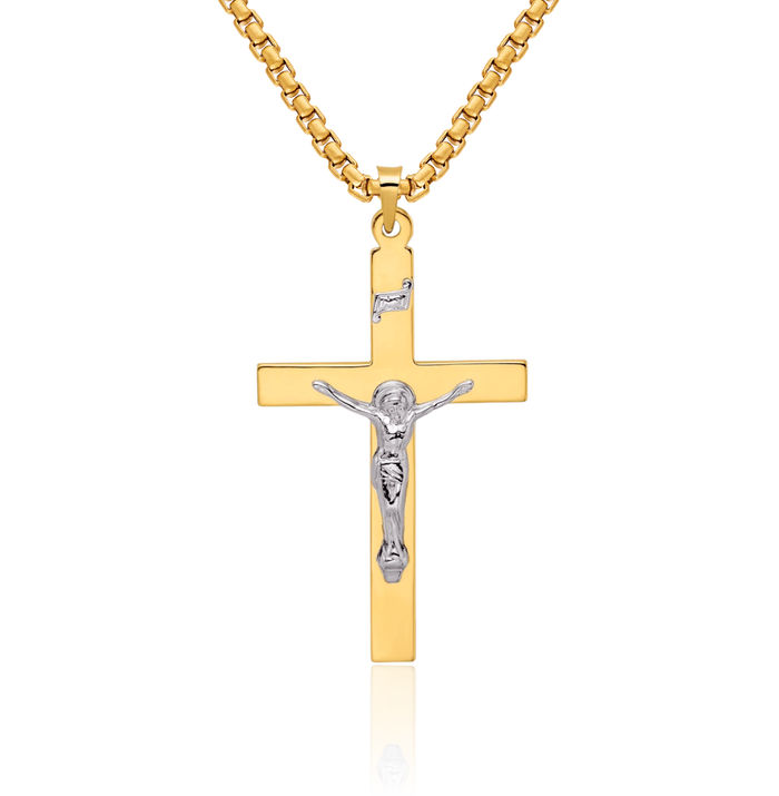 14K Solid Two Tone Gold Inri Lord Jesus Christ Crucifix Holy Cross Necklace Religious Chain Pendant Charm