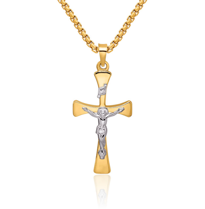 14K Solid Two Tone Gold Inri Lord Jesus Christ Crucifix Holy Cross Necklace Religious Chain Pendant Charm