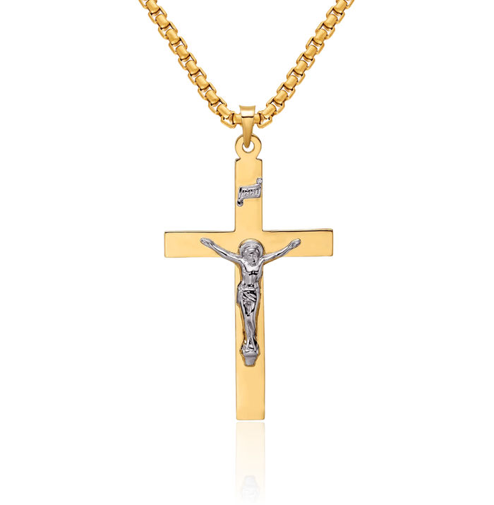 14K Solid Two Tone Gold Inri Lord Jesus Christ Crucifix Holy Cross Necklace Religious Chain Pendant Charm