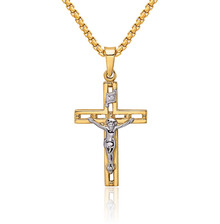 14K Solid Two Tone Gold Inri Lord Jesus Christ Crucifix Holy Cross Necklace Religious Chain Pendant Charm