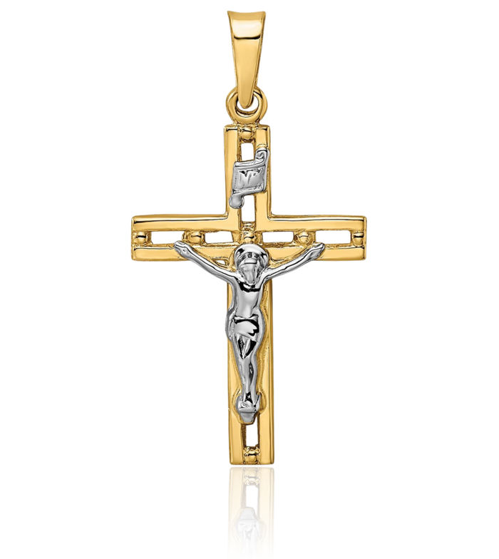 14K Solid Two Tone Gold Inri Lord Jesus Christ Crucifix Holy Cross Necklace Religious Chain Pendant Charm