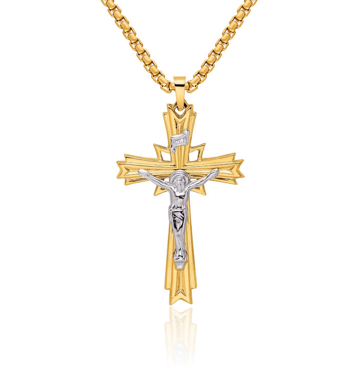 14K Solid Two Tone Gold Inri Lord Jesus Christ Crucifix Holy Cross Necklace Religious Chain Pendant Charm