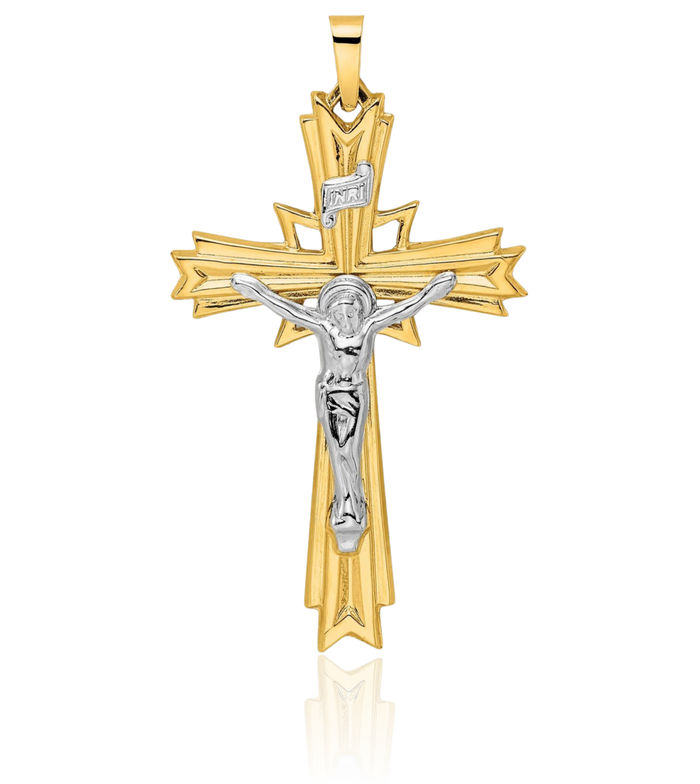 14K Solid Two Tone Gold Inri Lord Jesus Christ Crucifix Holy Cross Necklace Religious Chain Pendant Charm