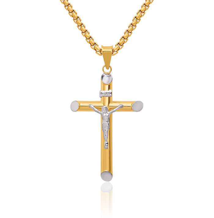 14K Solid Two Tone Gold Inri Lord Jesus Christ Crucifix Holy Cross Necklace Religious Chain Pendant Charm