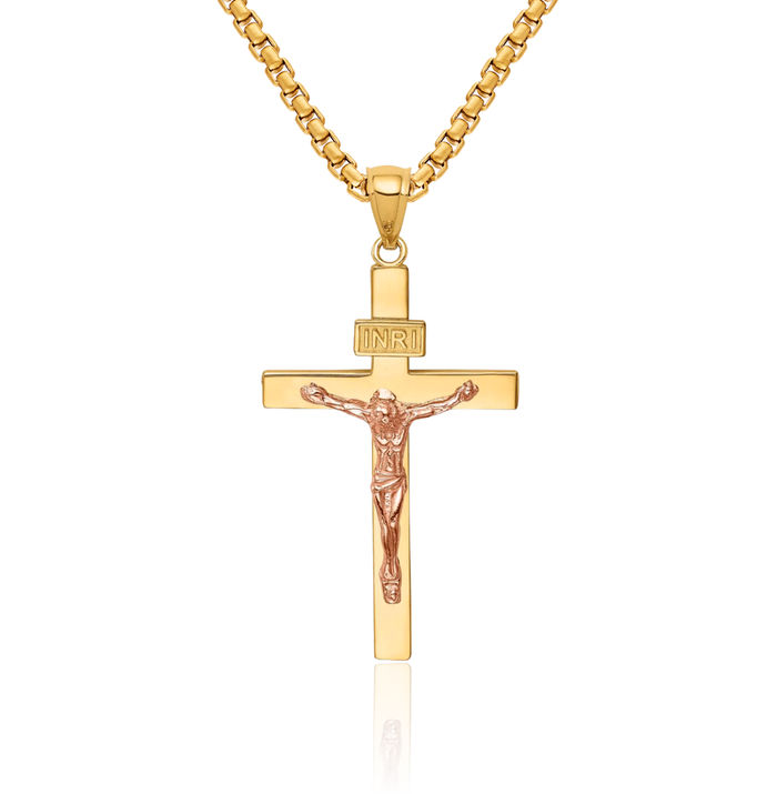 14K Solid Two Tone Gold Inri Lord Jesus Christ Crucifix Holy Cross Necklace Religious Chain Pendant Charm