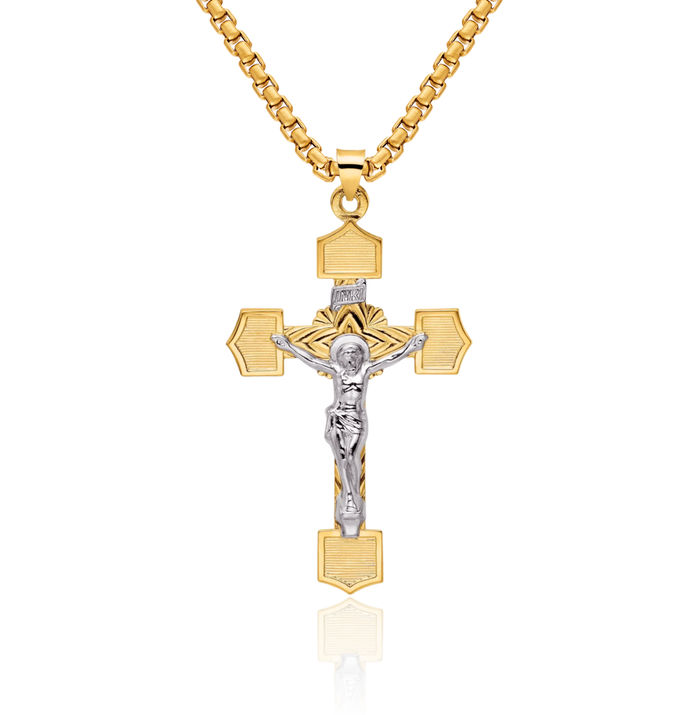 14K Solid Two Tone Gold Inri Lord Jesus Christ Crucifix Holy Cross Necklace Religious Chain Pendant Charm