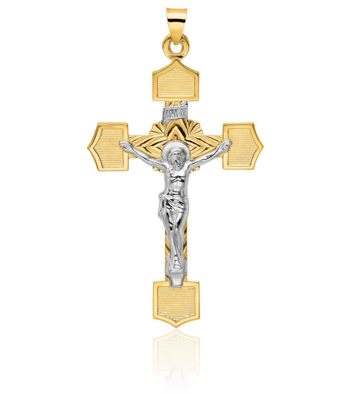 14K Solid Two Tone Gold Inri Lord Jesus Christ Crucifix Holy Cross Necklace Religious Chain Pendant Charm