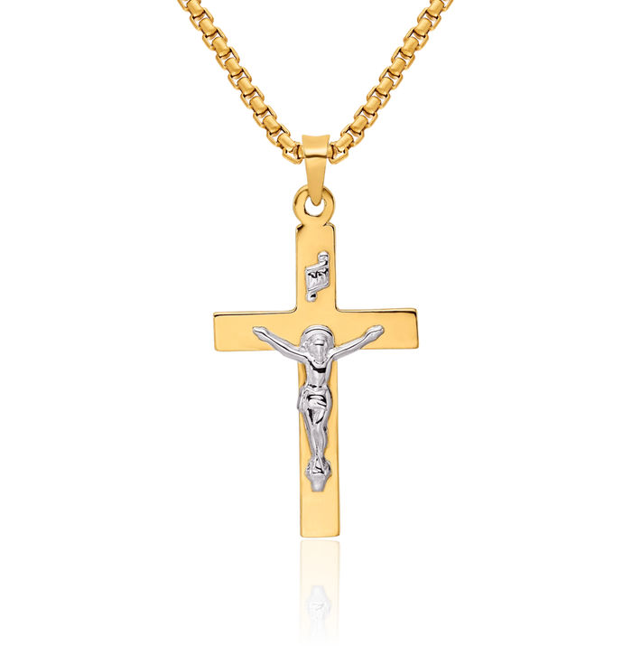 14K Solid Two Tone Gold Inri Lord Jesus Christ Crucifix Holy Cross Necklace Religious Chain Pendant Charm